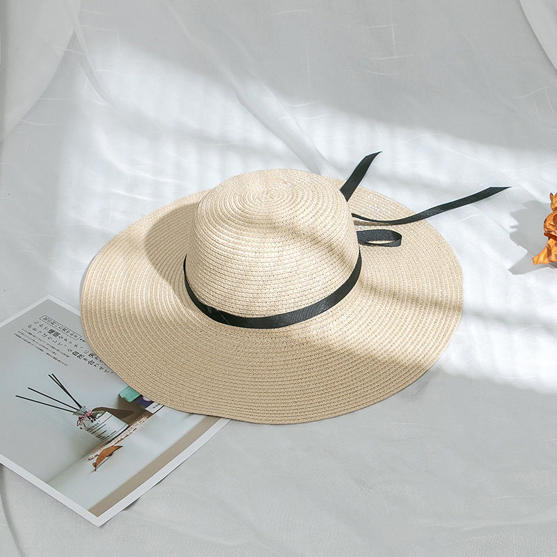 Wholesale of Large Eaved Bow Tie Satin Ribbon Straw Woven Hats